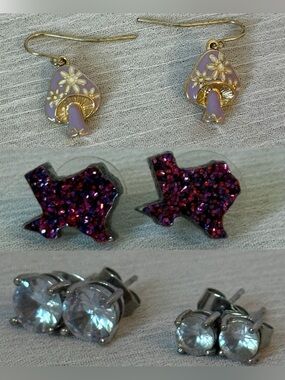 Earring set: Mushroom flower dangle, Texas studs and 2 pair crystal studs